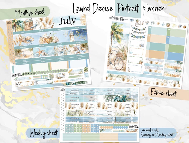 May include: A set of printable planner stickers with a beach theme. The stickers feature a variety of beach-themed illustrations, including seashells, palm trees, and a bicycle. The stickers are designed to be used with a portrait planner and include a monthly sheet, a weekly sheet, and an extras sheet. The text "Laurel Denise Portrait Planner" and "July" are visible on the stickers.