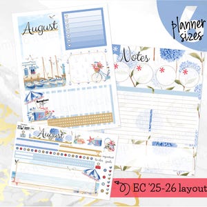 May include: A set of planner stickers featuring an August theme with nautical and floral illustrations, including sailboats, a bicycle with flowers, blue hydrangeas, and beach umbrellas. The sheets include sections for notes, to-do lists, and goals.