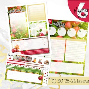 May include: A set of printable planner stickers featuring an apple orchard theme with red apples, green leaves, and wood textures. The sheets include headers for September and notes, checklists, date strips, and decorative icons like a fox and hat.