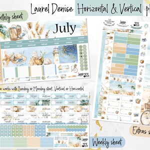 May include: A printable planner set with a beach theme. The set includes a monthly sheet, a weekly sheet, and an extras sheet. The sheets feature a watercolor design with palm trees, seashells, and a bicycle. The text "July" is featured on the monthly sheet. The text "Weekly sheet" is featured on the weekly sheet. The text "Extras sheet" is featured on the extras sheet.