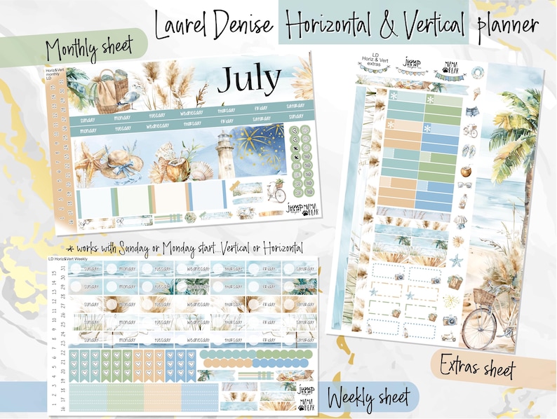 May include: A printable planner set with a beach theme. The set includes a monthly sheet, a weekly sheet, and an extras sheet. The sheets feature a watercolor design with palm trees, seashells, and a bicycle. The text "July" is featured on the monthly sheet. The text "Weekly sheet" is featured on the weekly sheet. The text "Extras sheet" is featured on the extras sheet.