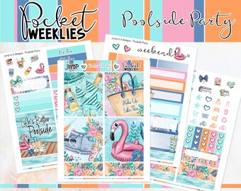 May include: A set of colorful planner stickers with a poolside party theme. The stickers feature images of flamingos, sunglasses, drinks, and other summery items. The text "Pocket Weeklies" and "Poolside Party" are included on the stickers.