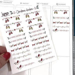 May include: A sheet of Christmas-themed planner stickers featuring various designs. These include strings of mittens, holly, bows, and birds, along with the phrases "Merry Christmas" and "Hope Love Joy". The stickers are in red, green, and white.