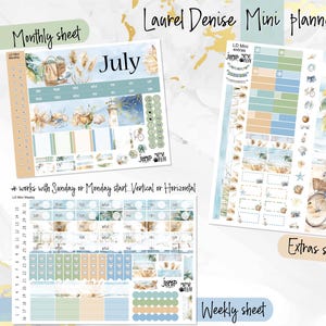 May include: A printable planner with a beach theme. The planner includes a monthly sheet, a weekly sheet, and an extras sheet. The monthly sheet has a July calendar with a beach scene. The weekly sheet has a grid for planning. The extras sheet has a variety of stickers and other elements.