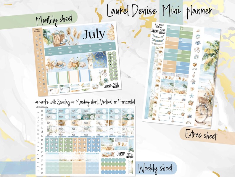 May include: A printable planner with a beach theme. The planner includes a monthly sheet, a weekly sheet, and an extras sheet. The monthly sheet has a July calendar with a beach scene. The weekly sheet has a grid for planning. The extras sheet has a variety of stickers and other elements.