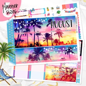 May include: A set of planner stickers featuring a tropical sunset theme with palm trees, string lights, and the text AUGUST. Includes various rectangular labels, date strips, and a small graphic of a beach chair with a sun hat under a palm tree.