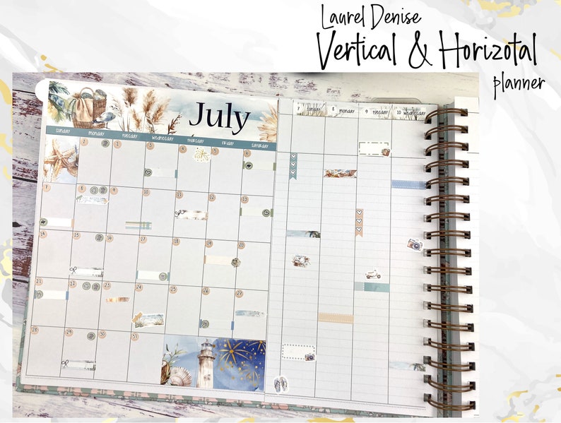 May include: A close-up of an open planner with a July calendar page and a weekly schedule page. The planner has a white background with blue and brown accents. The calendar page has a beach theme with seashells, starfish, and a lighthouse. The weekly schedule page has a horizontal layout with space for each day of the week. The planner is bound with a copper coil.