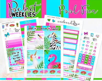 May include: A set of colorful planner stickers with a summer pool theme. The stickers feature images of a flamingo, unicorn, zebra, swan, and donuts. The text "Jump to it design - Pool Fun" and "Pocket Weeklies" are also included.