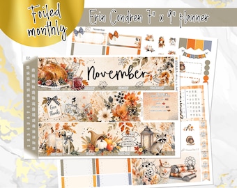 May include: A set of foiled monthly planner stickers for an Erin Condren 7" x 9" planner. The stickers feature autumn-themed illustrations including a turkey, pumpkins, a raccoon, fall leaves, and the text November, Give Thanks, Pumpkins, Apples, Hayrides.