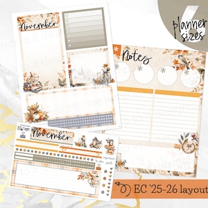 May include: A set of printable planner stickers featuring a November theme with autumn leaves, pumpkins, and woodland animals. The sheets include sections for notes, checklists, and calendars with text reading November, Notes, and EC '25-26 layout.