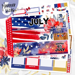 May include: A collection of planner stickers with a patriotic theme. Designs include the American flag, fireworks, floral accents, and the text "July" and "Happy 4th of July." The stickers are in shades of red, white, blue, and gold.