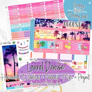 May include: A set of planner stickers featuring a tropical August theme with palm trees, sunsets, pineapples, and string lights. The sheets include various labels, checklists, and decorative elements with text such as August and Sunday OR Monday start.