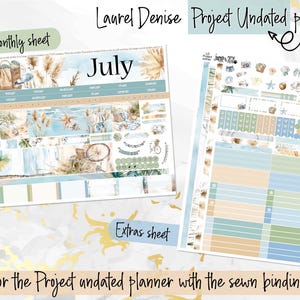 May include: A printable planner sheet with a beach theme. The sheet features a monthly calendar for July, a list of extras, and a project planner with a sewn binding. The design includes palm trees, seashells, starfish, and a beach umbrella.