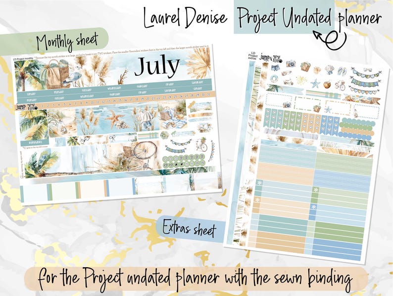 May include: A printable planner sheet with a beach theme. The sheet features a monthly calendar for July, a list of extras, and a project planner with a sewn binding. The design includes palm trees, seashells, starfish, and a beach umbrella.