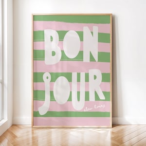 Bonjour Slow Living - ストライプのアートプリント、モダンなフランスの名言ウォールアート、ピンクとグリーンのインテリア、ボヘミアン風ミニマリストポスター、デジタルダウンロード
