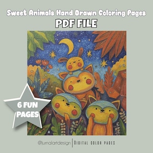 Sweet Animals Hand Drawn Coloring Pages | 6-Page Cute PDF Coloring Book | Digital Download for Kids & Adults
