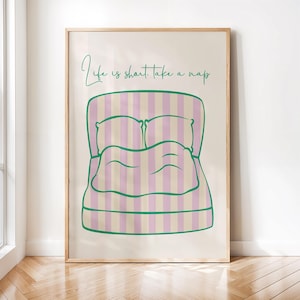 人生は短い、お昼寝を - 寝室の壁アート、心地よい眠りの名言プリント、ストライプ柄のベッドイラスト、リラックスできるインテリア、デジタルダウンロード