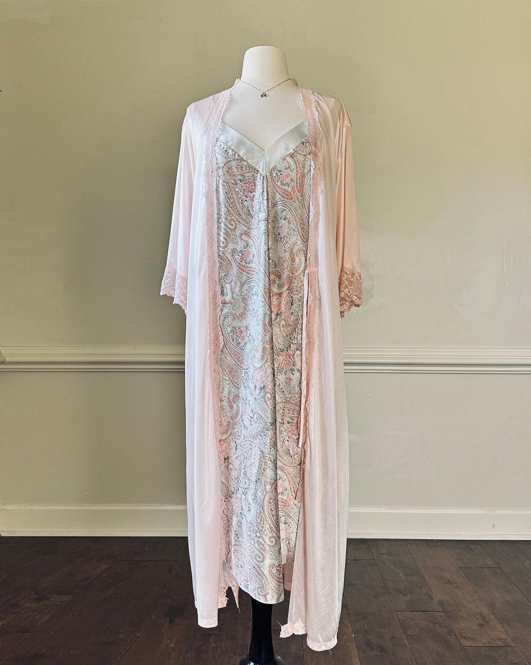 Sheer Satin Robes in Coral Pink Featuring Floral Lace Lining and Cuffs ...