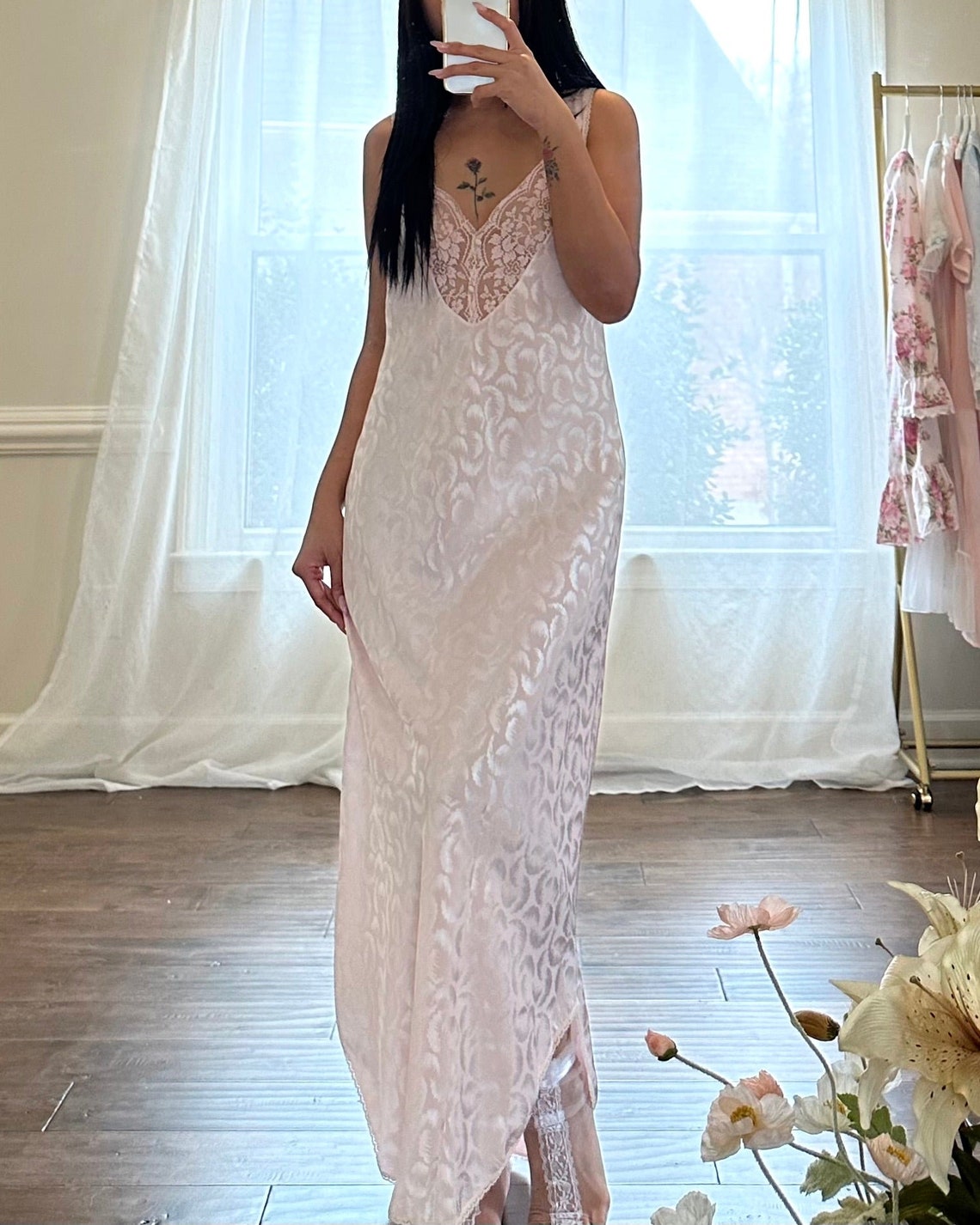 Elegant Soft Pink Maxi Dress Featuring Luxurious Satin Fabric Embossed ...
