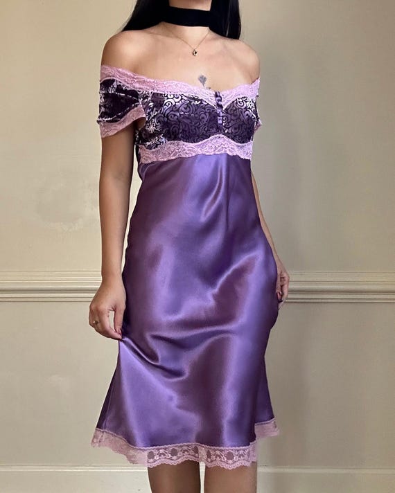Vintage Purple Satin Lace Slip Dress - Size M Vintage Purple Satin Lace Slip Dress - Size M
