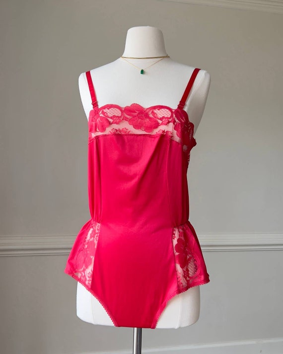 Sultry winter red satin bodysuit featuring flower 