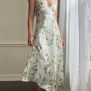 Vintage Sage Green Maxi Slip Dress Featuring Rose Bouquets Print