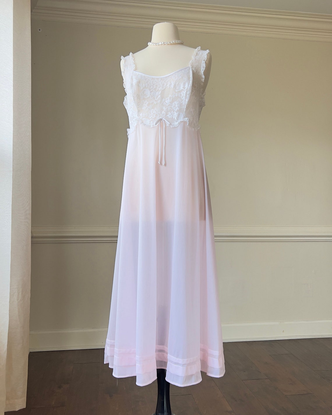 Vanity Fairs Feminine Cottagecore Sheer Midi Slip Featuring Floral Lace