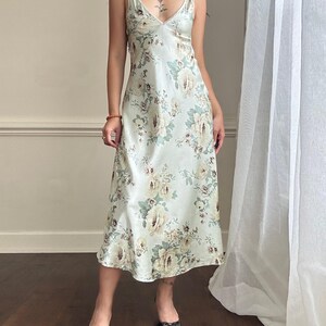 Vintage Sage Green Maxi Slip Dress Featuring Rose Bouquets Print