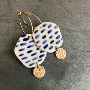 Women's porcelain disc hoop earrings with cobalt striped pattern, MORSE