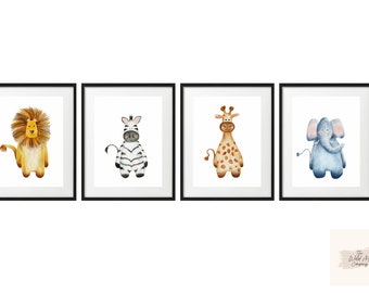 Set of 4 Safari Wall Art, Lion, Zebra, Giraffe Wall Posters, Kids Nursery Decor, Animal Lover Gift, Baby Animal Art Print