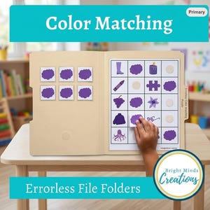 May include: A beige file folder learning activity titled Color Matching featuring a grid with purple illustrations including a boot, crayon, grapes, sweater, octopus, candle, puzzle piece, flower, and glasses, with matching purple cloud-shaped cutouts.