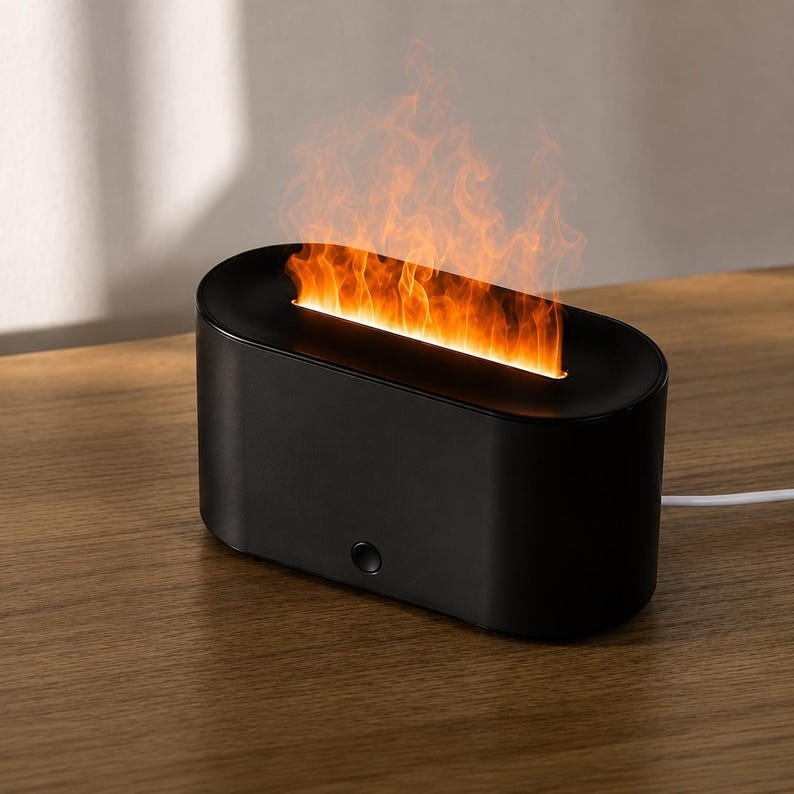 May include: A black, oval electric fireplace with a simulated flame effect. The device is on a wooden surface and has a single button on the front. A white power cable extends from the back.