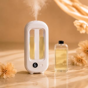 Op de afbeelding: Een witte etherische olie diffuser met een digitaal display met het nummer 6, en een heldere glazen fles met een zwarte dop. De diffuser geeft stoom af. De achtergrond bevat beige bloemen en een beige achtergrond.