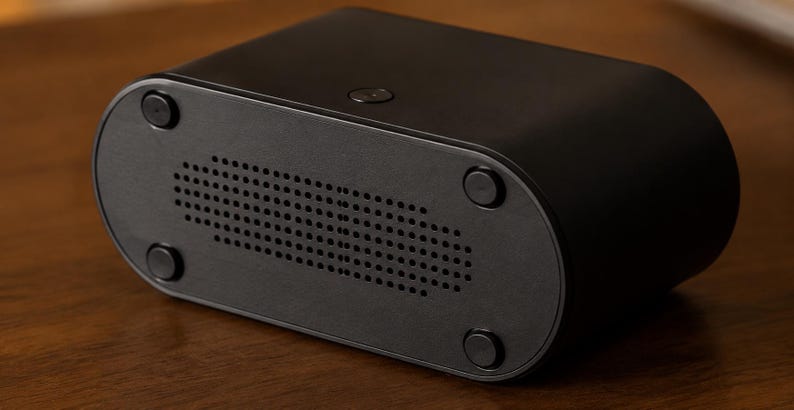 May include: A black electronic device with a rectangular body and rounded ends. The base has a grid of small holes and four circular feet. A small button is on the top. The device is likely a media player or similar, measuring approximately 15 cm in length.