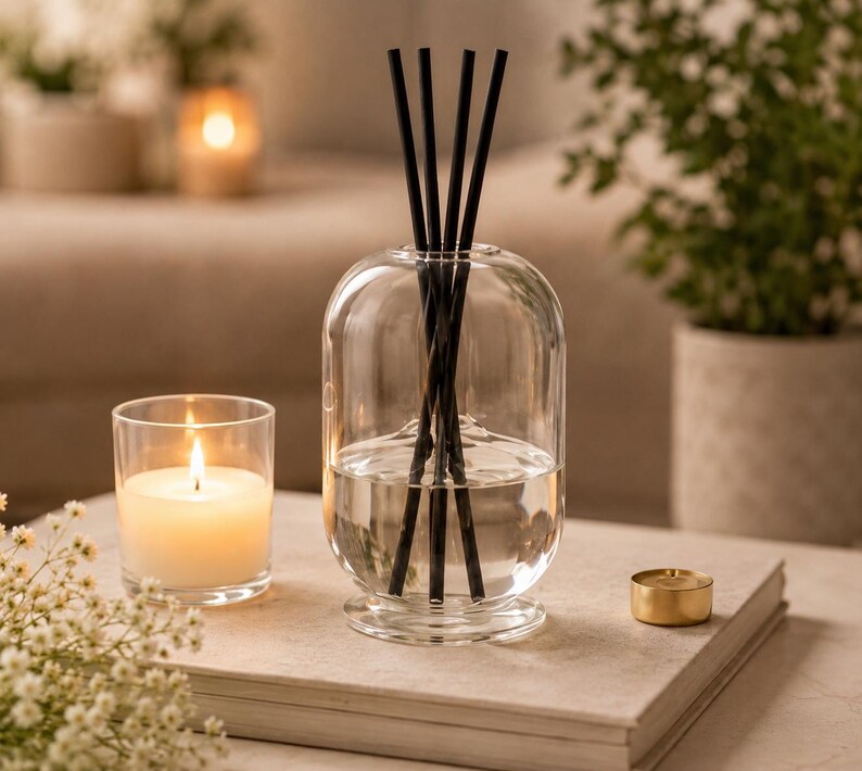 K&ouml;nnte beinhalten: Ein klarer Glasdiffusor mit schwarzen St&auml;bchen, gef&uuml;llt mit Fl&uuml;ssigkeit, steht auf einem neutralfarbenen Buch. Eine brennende Kerze in einem Glashalter und ein kleiner goldener Kerzenhalter befinden sich in der N&auml;he.