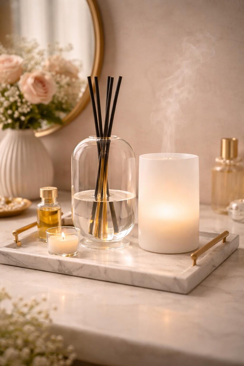 K&ouml;nnte beinhalten: Eine ruhige Anordnung mit einem transparenten Glasdiffusor mit schwarzen St&auml;bchen, einer brennenden Kerze und einer kleinen Kerze auf einem Marmortablett. Eine Vase mit rosa Rosen und Parf&uuml;mflaschen vervollst&auml;ndigen die Szene.