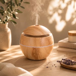 Op de afbeelding: Een lichtbruine, bolvormige etherische olie diffuser met een houtnerf afwerking. De bovenkant staat iets open en geeft stoom af. Een witte lichtband omcirkelt de basis. De diffuser staat op een houten oppervlak, met een vaas en andere items op de achtergrond.