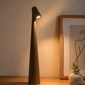 Peut inclure: Une lampe de table moderne, marron foncé, avec une base conique et une tête inclinée en forme de cône. La lampe est allumée, émettant une lueur chaleureuse et accueillante. La lampe est posée sur une surface en bois, à côté d'une œuvre encadrée et d'un petit vase.