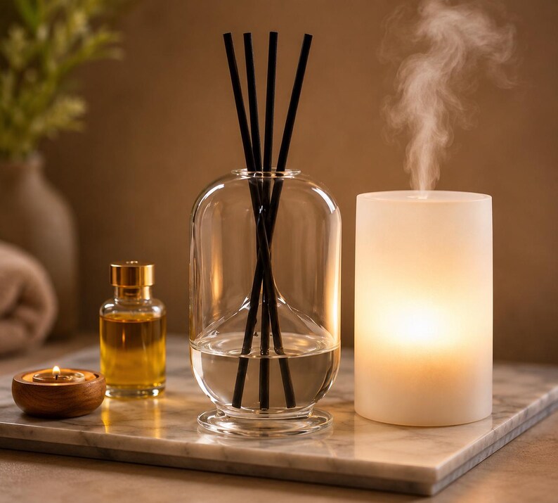K&ouml;nnte beinhalten: Aromatherapie-Set mit einem transparenten Glasdiffusor mit schwarzen St&auml;bchen, einer kleinen Glasflasche mit &Ouml;l, einem brennenden Holzkerzenhalter und einem wei&szlig;en, beleuchteten Luftbefeuchter. Der Luftbefeuchter gibt Dampf ab. Die Artikel stehen auf einem Marmortablett.