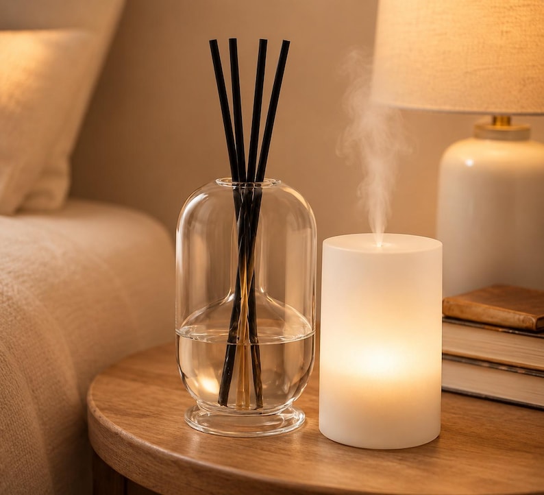 K&ouml;nnte beinhalten: Eine transparente Glasdiffusorflasche mit schwarzen St&auml;bchen und Fl&uuml;ssigkeit, neben einem wei&szlig;en, beleuchteten, zylindrischen Aromatherapie-Diffusor. Die Artikel stehen auf einem Holztisch, mit einer Lampe und B&uuml;chern im Hintergrund. Die Szene wirkt entspannend.