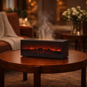May include: A black electric fireplace sits on a round wooden table. The fireplace has a glowing orange and red flame effect. Wisps of vapor rise from the top, creating a cozy ambiance. The table is in a living room setting.