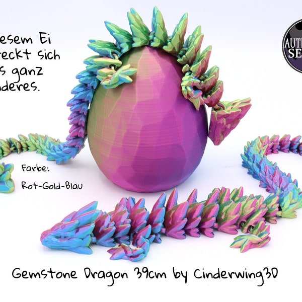 Gemstone Dragon im Ei oder Einzeln - beweglicher gelenkiger Kristalldrachen 3D Druck - Cinderwing3D - Farbe: Rot-Gold-Blau