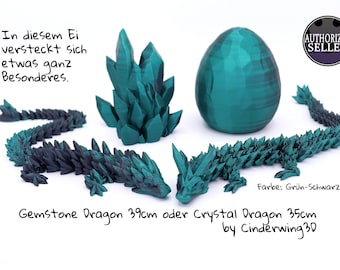 Drago di cristallo o pietra preziosa in uovo o singolarmente - stampa 3D drago di cristallo mobile articolato - Cinderwing3D - verde-nero