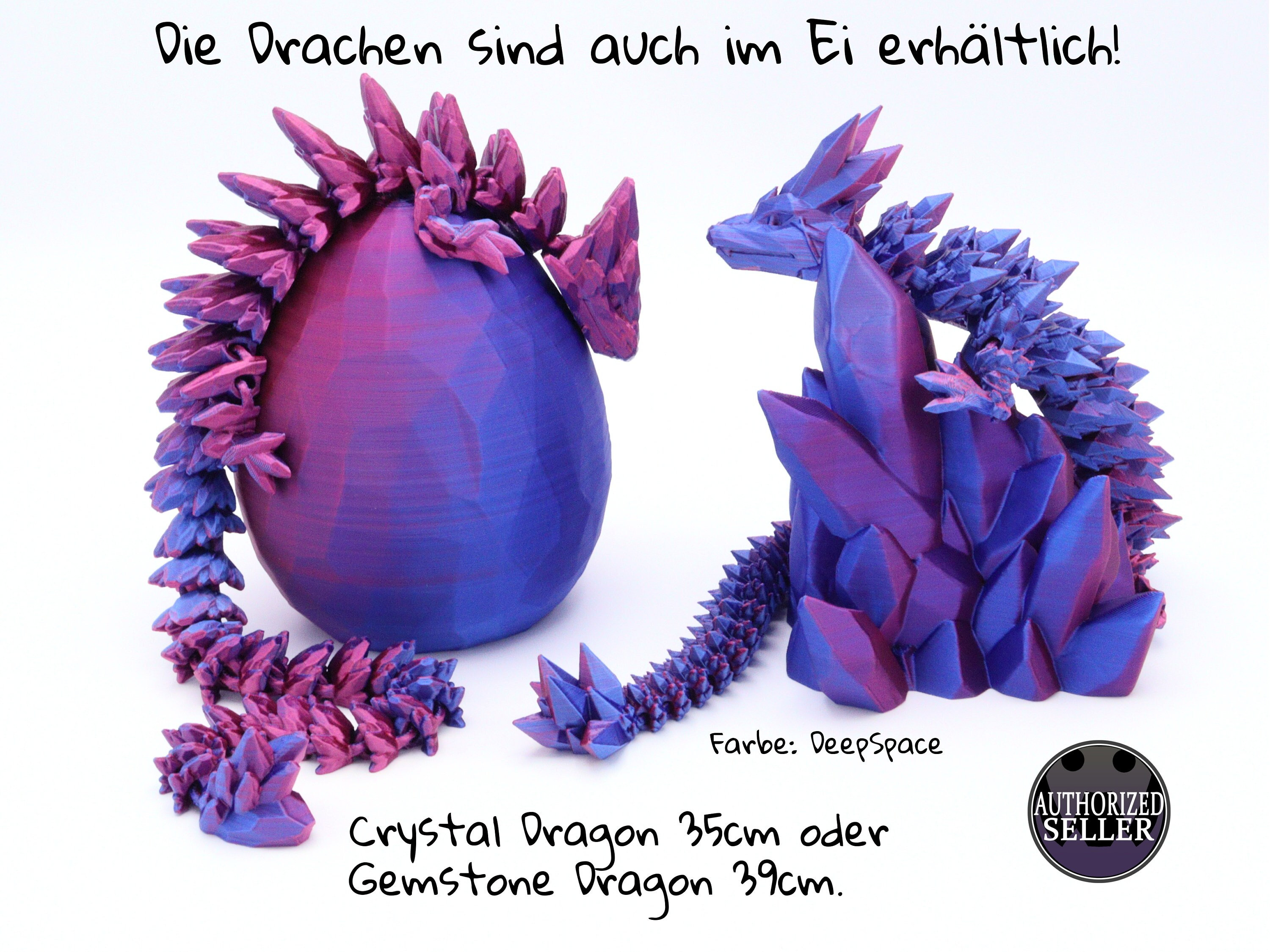 Crystal or Gemstone Dragon in egg or individually - movable articulated crystal dragon 3D printing - Cinderwing3D - DeepSpace
