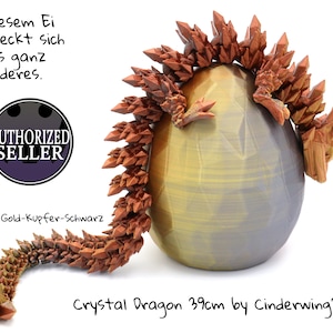 Crystal Dragon im Ei oder Einzeln - beweglicher gelenkiger Kristalldrachen 3D Druck - Cinderwing3D - Farbe: Gold-Kupfer-Schwarz