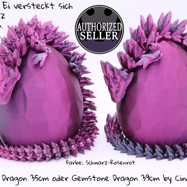 Crystal oder Gemstone Dragon im Ei oder Einzeln - beweglicher gelenkiger Kristalldrachen 3D Druck - Cinderwing3D - Schwarz-Rosenrot