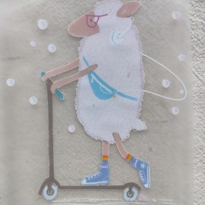 May include: A white sheep wearing pink glasses and a blue fanny pack rides a scooter with blue wheels. The sheep has rainbow socks and blue sneakers.