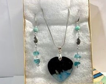 A One of a Kind Unique Gift for Her - Black and Blue Druzy Agate Necklace with Companion Quartz and Apatite Earrings