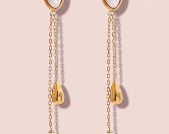 Vergoldete Edelstahl-Faux-Perlen-Tropfen-Ohrringe, zarter, zierlicher Schmuck, Statement-Accessoires