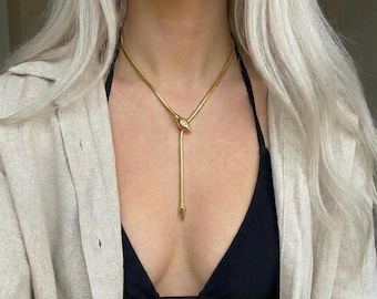 Elegante Gold Schlange Lariat Halskette - 18K Vergoldete Edelstahl mit Funkelnden Cubic Zirkonia Auge